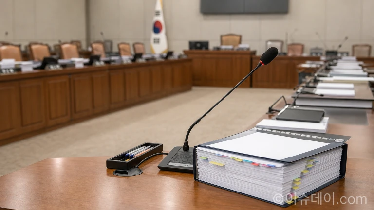 국정감사장 회의용 테이블 위에 놓인 서류와 명패