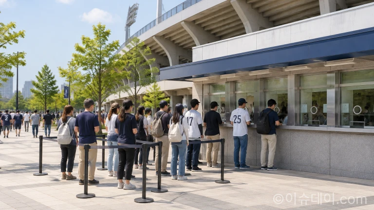 경기 시작을 앞두고 관람객들이 줄을 서 있는 야구장 현장 매표소 부스