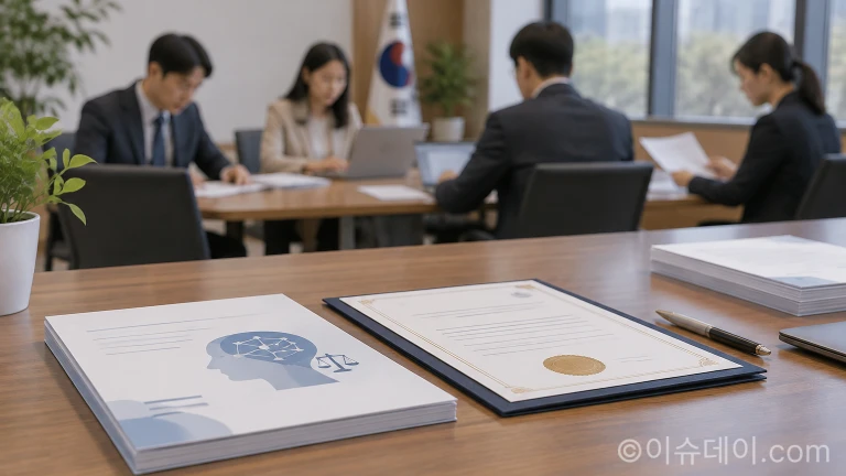 책상 위에 놓인 인공지능 윤리 관련 서류와 업무 회의실 내부 전경