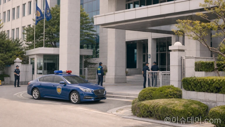 긴급체포 및 수사가 진행 중인 경찰서 정문과 호송 차량 현장