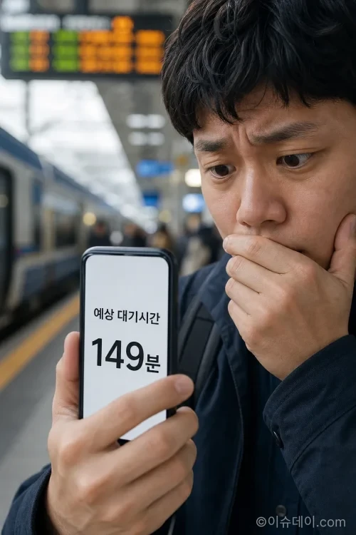 스마트폰으로 기차표 예매를 하며 장시간 대기하는 사용자