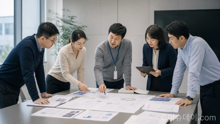 연구 회의실 테이블에 펼쳐진 공학 도면과 기술 성과 문서를 살펴보는 기술자들의 모습