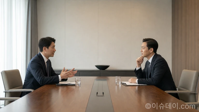 회의 테이블에서 진지하게 협상하는 노사 대표의 모습.