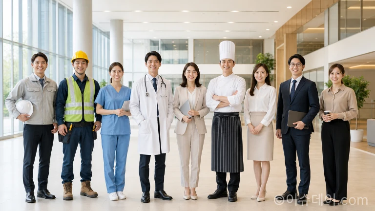 다양한 직종의 남녀 근로자들이 나란히 서서 미소 짓고 있는 모습.