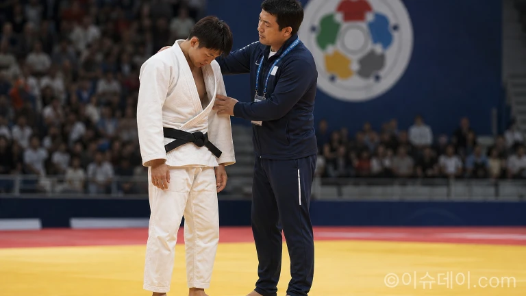 국제 유도 대회에서 아쉬워하는 선수와 위로하는 코치의 모습.