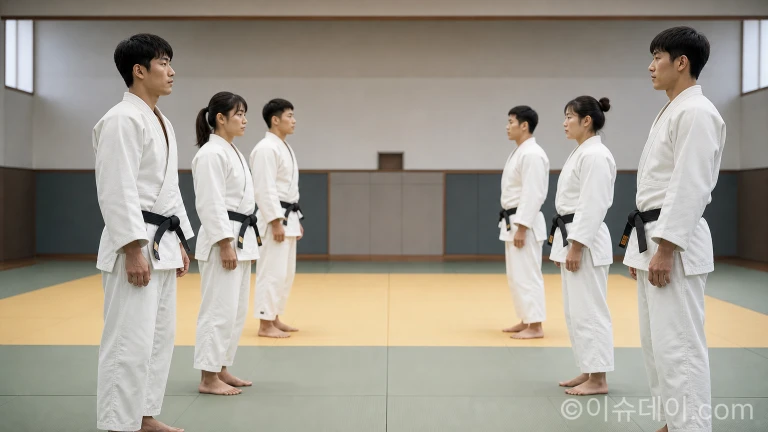 유도 대표팀 선수들이 훈련장에서 훈련을 준비하고 있다.