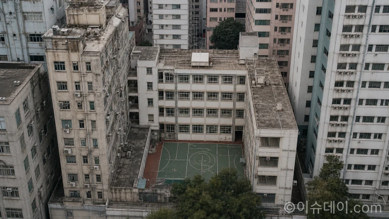 도심의 빌딩 숲 사이에 위치한 비좁은 학교