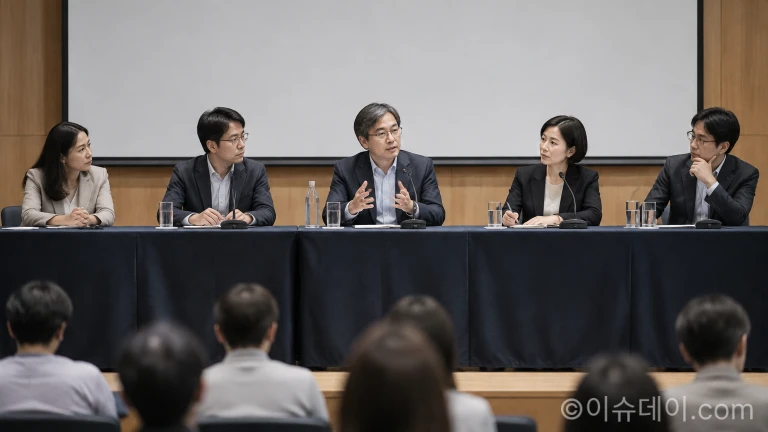 학술 심포지엄 발표 무대에서 토론자들이 마이크를 들고 논의를 이어가는 장면