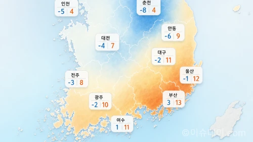 전국 주요 도시별 아침과 낮의 기온 예보 그래픽