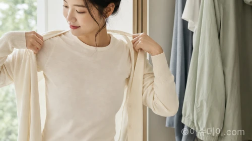 큰 일교차에 대비해 겹쳐 입을 수 있는 옷을 고르는 모습