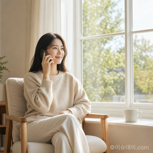 창가에 앉아 미소 지으며 전화 통화하는 여성 일러스트