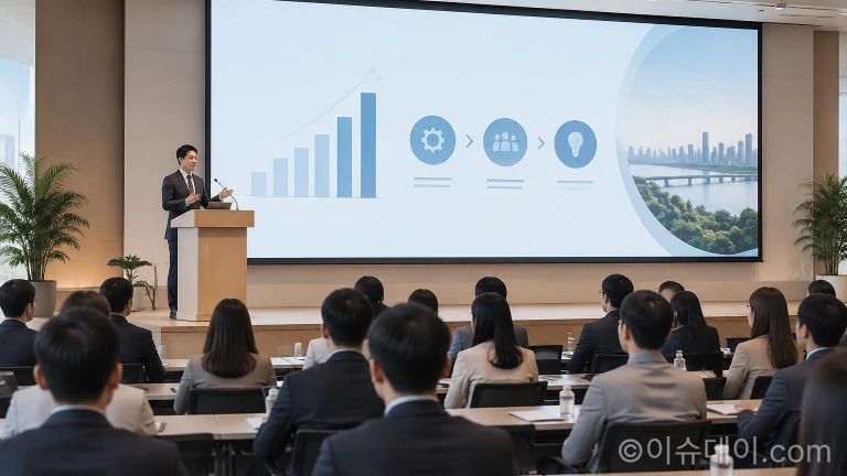 브리핑 룸에서 기관 혁신 전략을 설명하는 발표 현장