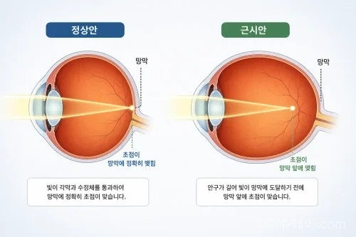 정상안과 근시안의 초점 위치 비교 일러스트