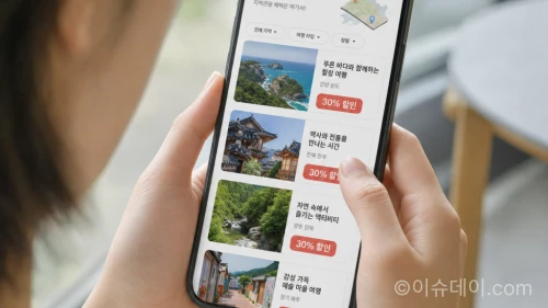 스마트폰으로 대한민국 구석구석 앱에서 할인 여행 상품을 찾아보는 모습