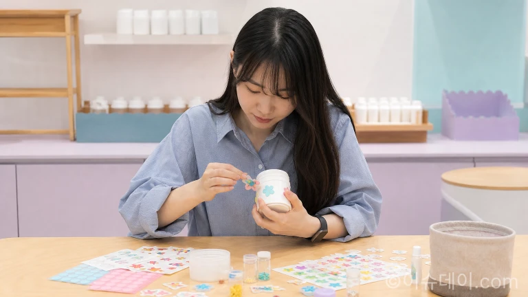 한 방문객이 DIY 체험존에서 자신만의 자일리톨 통을 꾸미고 있다.