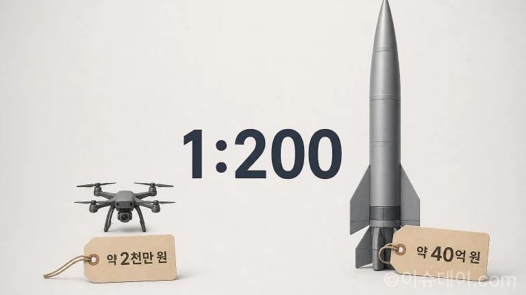 공격 드론과 요격 미사일의 비용을 비교하는 인포그래픽.