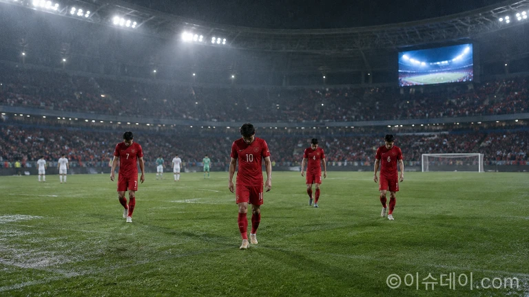 경기 종료 후 어두운 표정으로 그라운드를 빠져나오는 축구 선수들