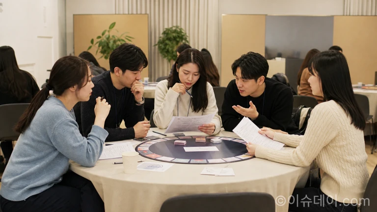 팀별 퀴즈 프로그램에 참여하고 있는 행사 참가자들
