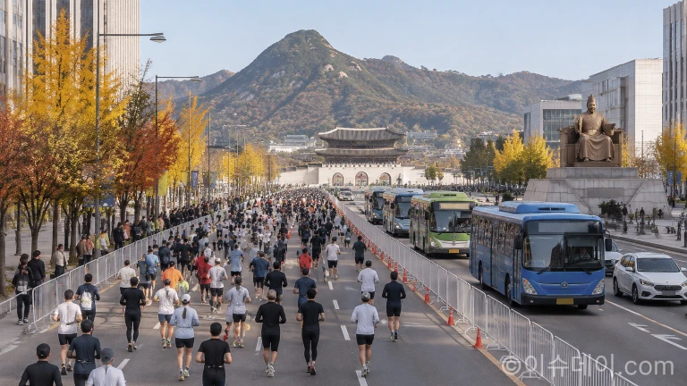 마라톤 대회로 도로 일부가 통제된 서울 도심 도로에서 차량과 버스가 서행 운행하는 모습