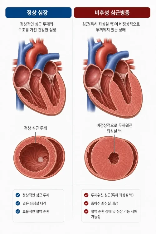 정상 심장과 심장 근육이 두꺼워진 비후성 심근병증 심장의 단면 비교 일러스트.