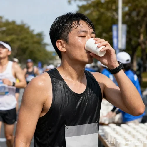 마라톤 참가자가 급수대에서 물을 마시며 수분을 보충하고 있다.