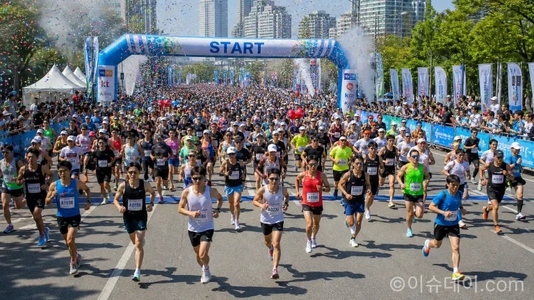 마라톤 대회 출발선에서 많은 참가자들이 힘차게 달리고 있는 모습.