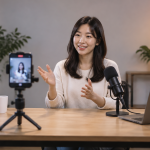 MC몽 실시간 라이브 방송 장비와 스마트폰이 거치된 스튜디오 데스크 모습