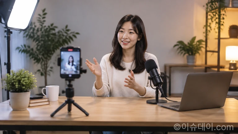 실시간 라이브 방송 장비와 스마트폰이 거치된 스튜디오 데스크 모습