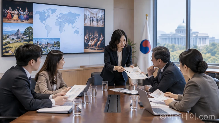 정부청사 회의실에서 문화 정책 관계자들이 업무 성과를 검토하고 있는 모습