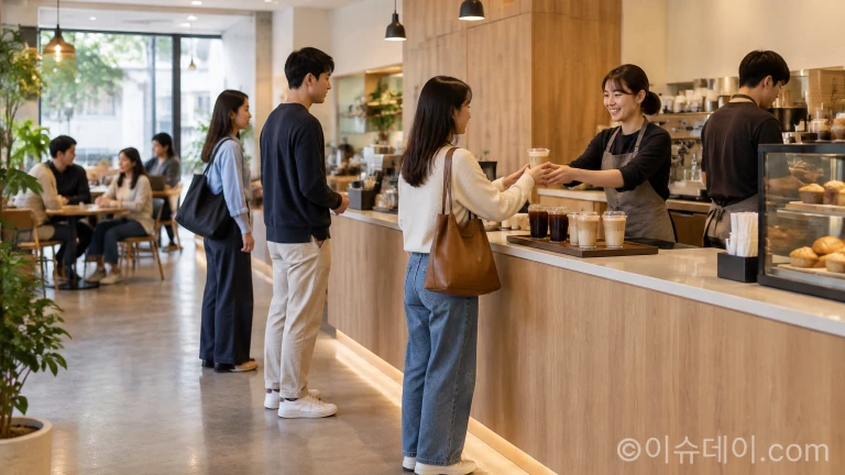 카페 매장에서 음료를 주문하고 대기하는 손님들의 모습