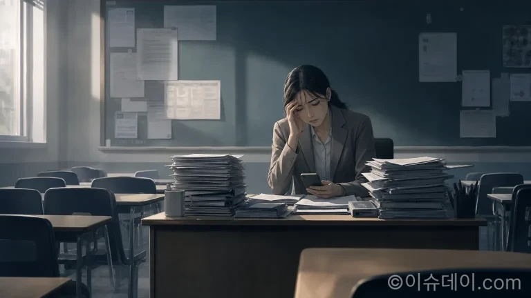 빈 교실 책상에 홀로 앉아 고뇌하는 교사의 뒷모습 일러스트
