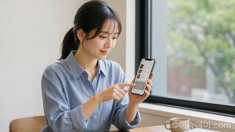 스마트폰으로 전자책 앱의 검색 결과를 확인하고 있는 이용자의 손과 기기 화면