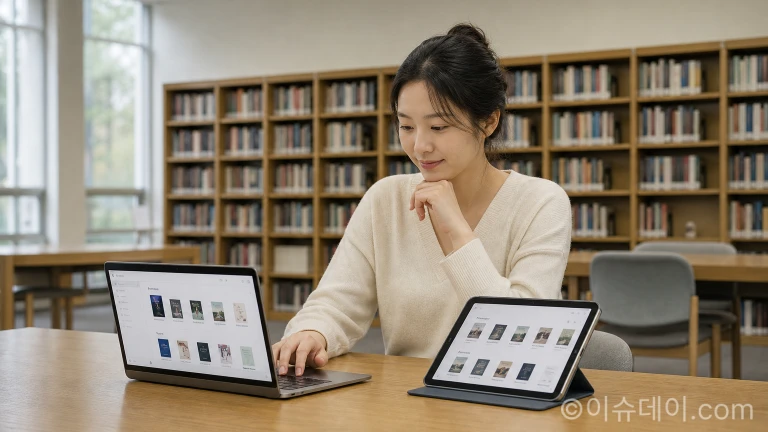 서가 배경의 작업 공간에서 디지털 기기로 도서 목록을 검토하는 환경