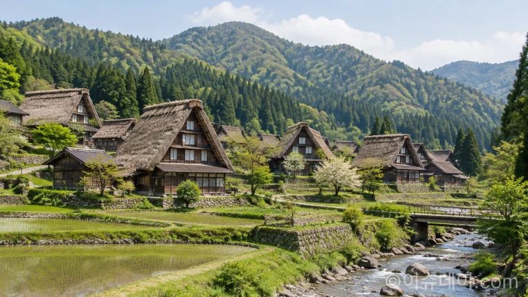 독특한 경사 지붕 양식을 갖춘 유네스코 세계유산 전통 가옥들이 늘어선 산촌 풍경
