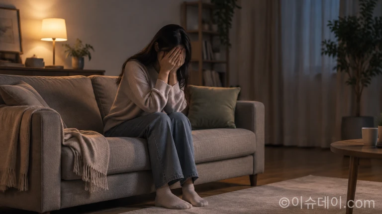 어두운 실내 소파에 앉아 고개를 숙이고 번민하는 여성의 모습