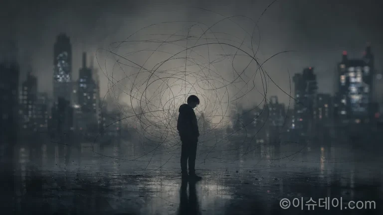 사회와 단절된 채 고립된 사람의 실루엣을 통해 이상 동기 범죄의 사회적 배경을 암시하는 일러스트