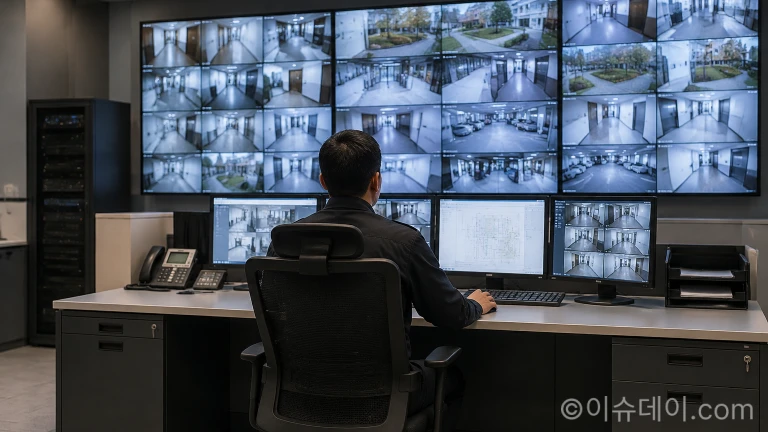 빌딩 종합방재실 내 CCTV 관제 모니터링 화면