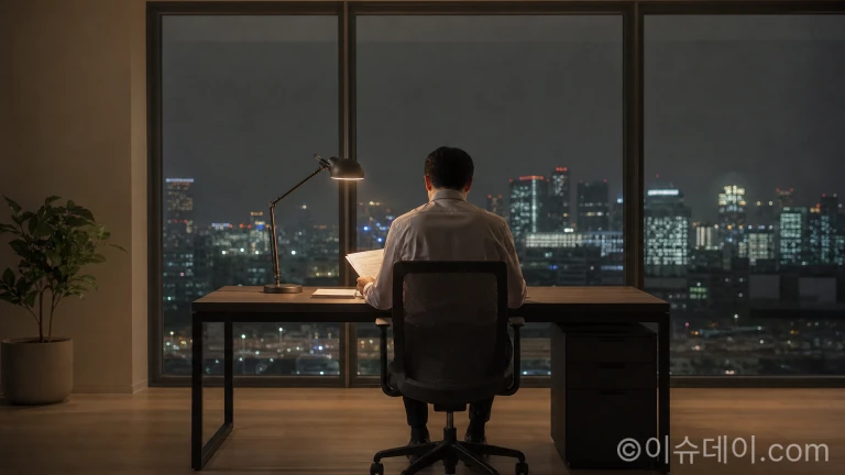 야근 중인 사무실에서 홀로 일하는 직원의 뒷모습