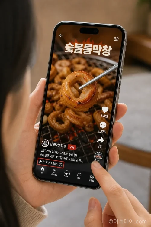 스마트폰으로 명륜진사갈비 신메뉴 관련 숏폼 영상을 시청하는 모습