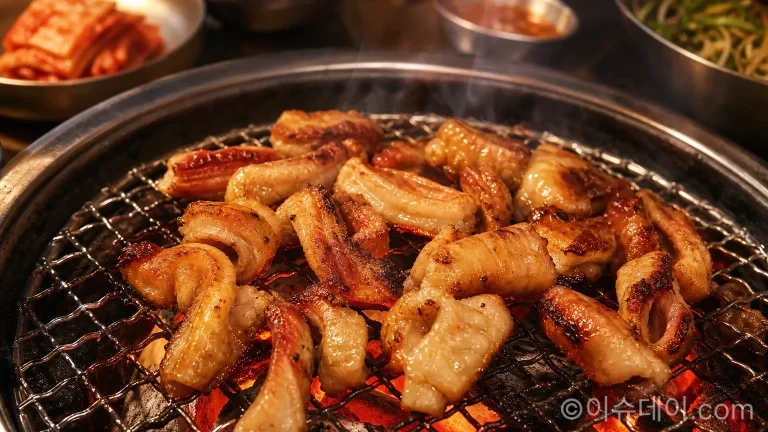 숯불 화로 위에서 구워지고 있는 명륜진사갈비 숯불통막창 신메뉴
