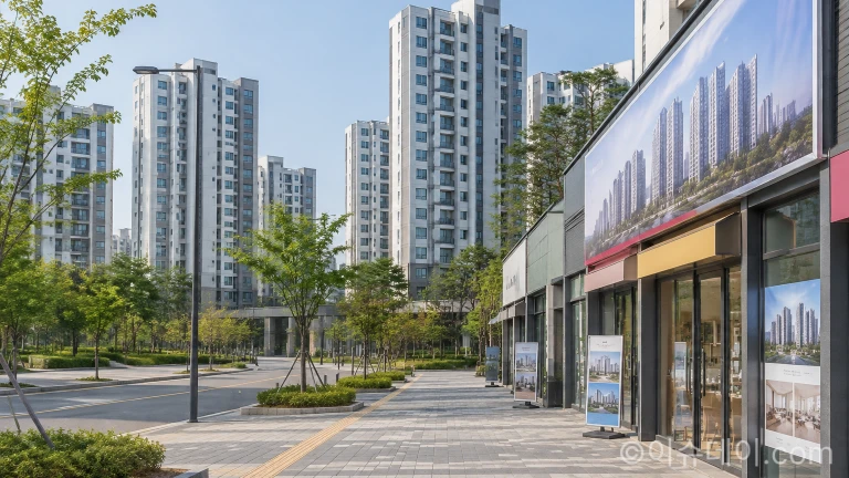 신축 아파트 단지 인근의 부동산 중개업소 거리 전경