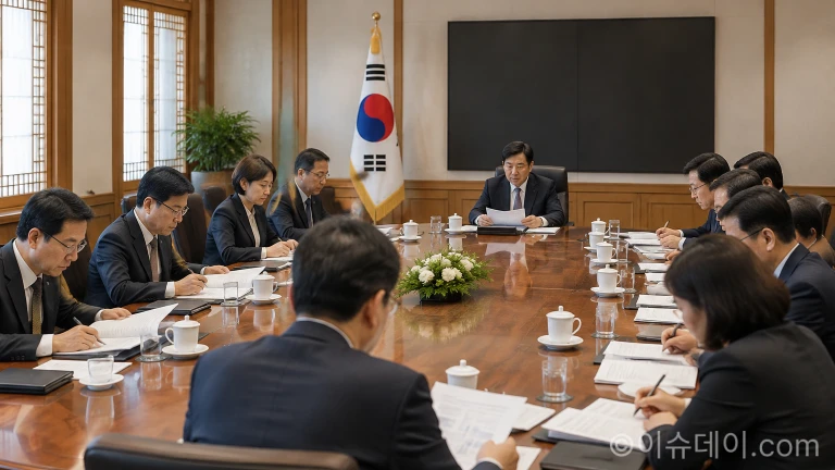 국무회의장에서 정부 관계자들이 정책 추진 자료를 검토하며 회의를 진행하는 모습