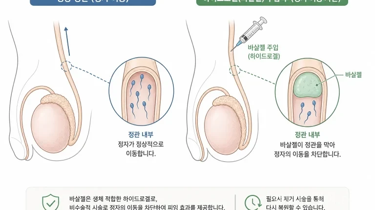 하이드로겔을 이용한 남성 피임법의 작용 원리를 보여주는 정관 단면도 일러스트