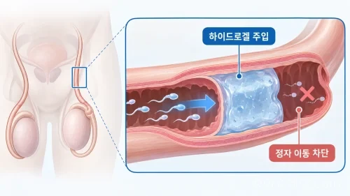 하이드로겔을 이용한 남성 피임법의 작용 원리를 보여주는 정관 단면도 일러스트