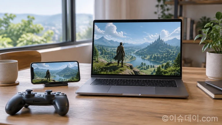 PC 화면과 스마트폰 화면이 함께 놓여 크로스플랫폼 환경을 보여주는 책상 모습
