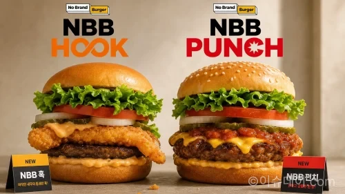 노브랜드 버거 신메뉴 NBB 훅과 NBB 펀치를 들고 소개하는 모델들