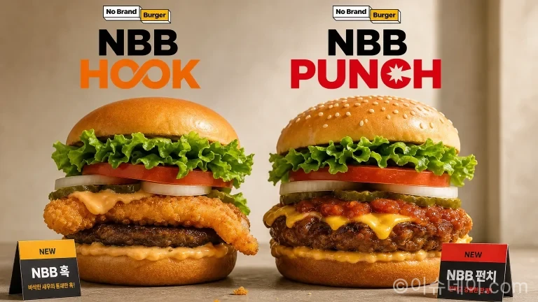 노브랜드 버거 신메뉴 NBB 훅과 NBB 펀치를 들고 소개하는 모델들