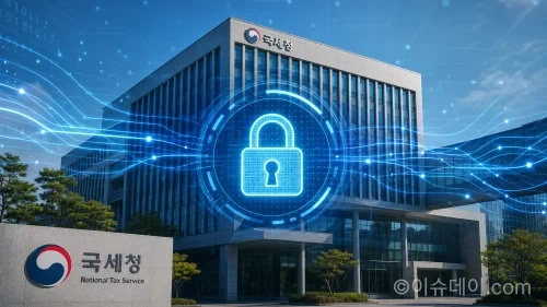 정부세종청사 국세청 건물과 사이버 보안을 상징하는 그래픽