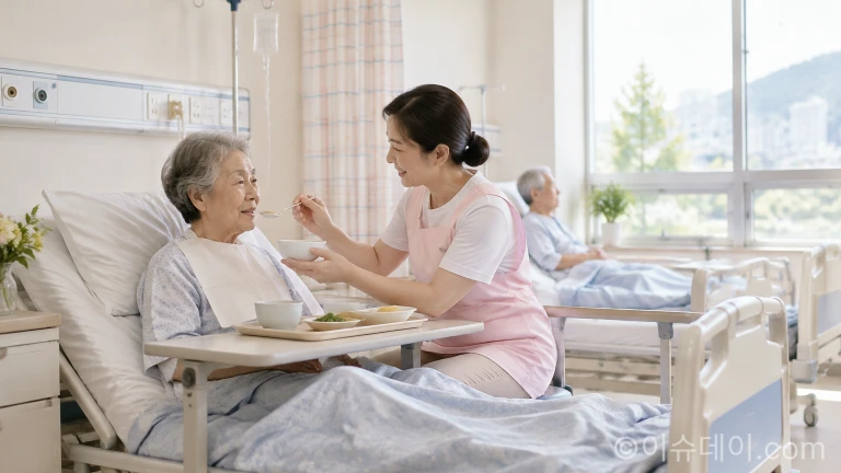 요양병원 병실에서 간병인이 고령 환자의 식사 보조를 돕는 모습