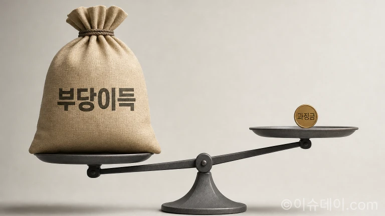 부당이득과 과징금의 불균형을 보여주는 저울 일러스트